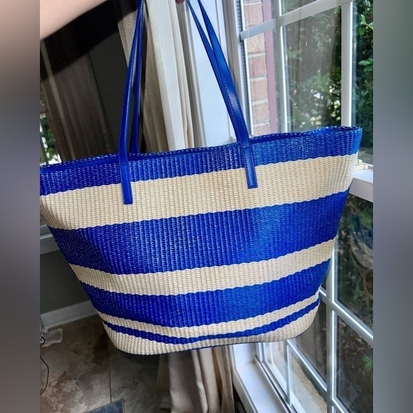 Kate Spade Blue White Striped Straw Wicklow‎ Court Anabette Large Tote Bag Purse - Picture 8 of 11